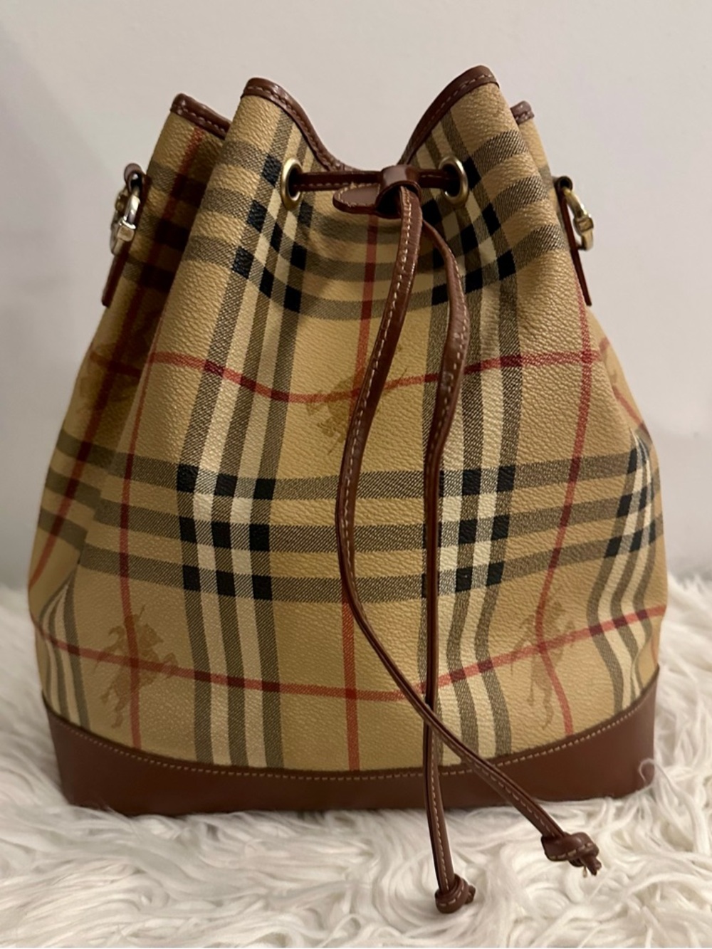 Burberry Beige Plaid Canvas Leather Trim Drawstring Hobo Bag